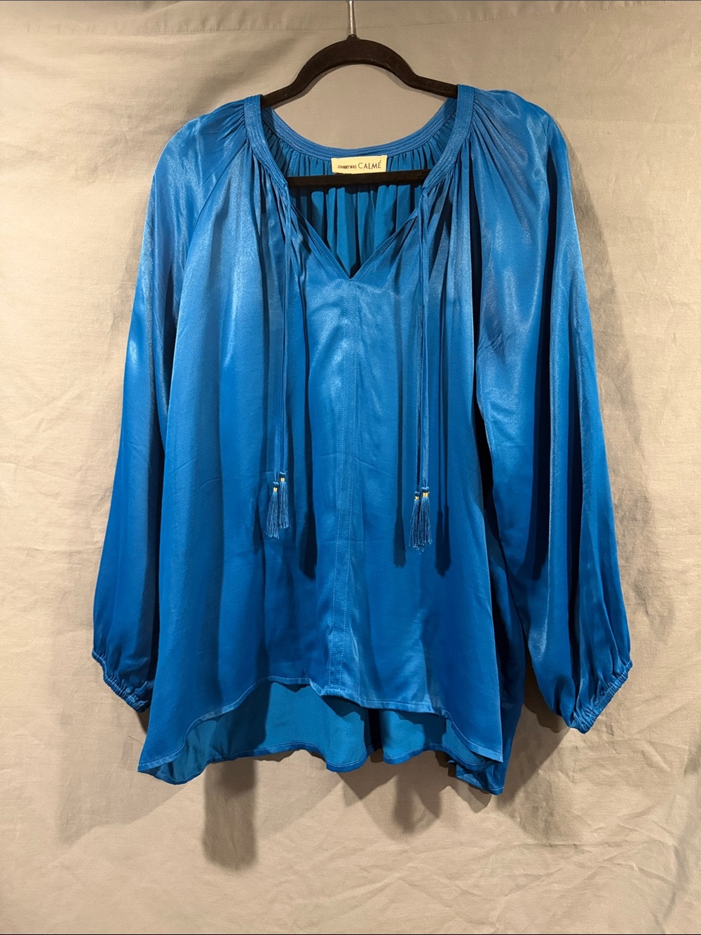 Johnny Was CALME’ Blue Satin Peasant Blouse